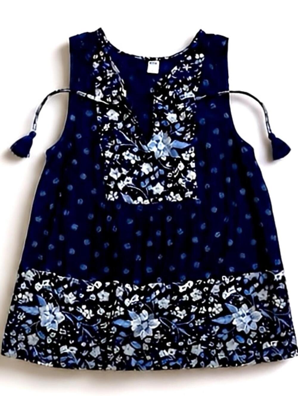 Old Navy Top Peasant Blouse Shirt Boho Blue Floral Tasseled Size M